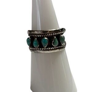 925 Mexico TP-3C Sterling Silver Turquoise Teardrop Band Ring Southwest Style